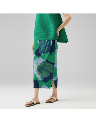Elegant temperament split printing half-body skirt Slim thin versatile A-line skirt