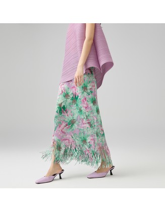 Fashion advanced sense of temperament printing half-body skirt in long straight package hip tassel A-line skirt
