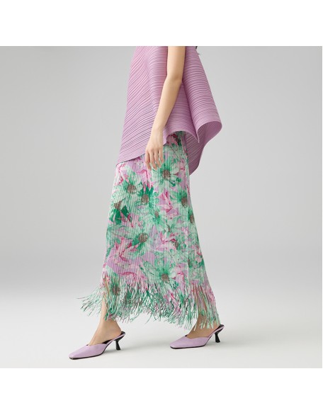 Fashion advanced sense of temperament printing half-body skirt in long straight package hip tassel A-line skirt