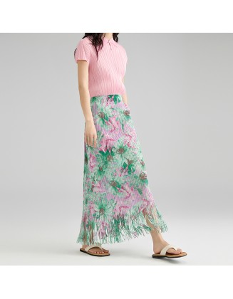 Fashion advanced sense of temperament printing half-body skirt in long straight package hip tassel A-line skirt
