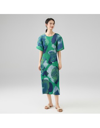 Geometric print five-quarter sleeve round neck loose fashion temperament pleated dresses