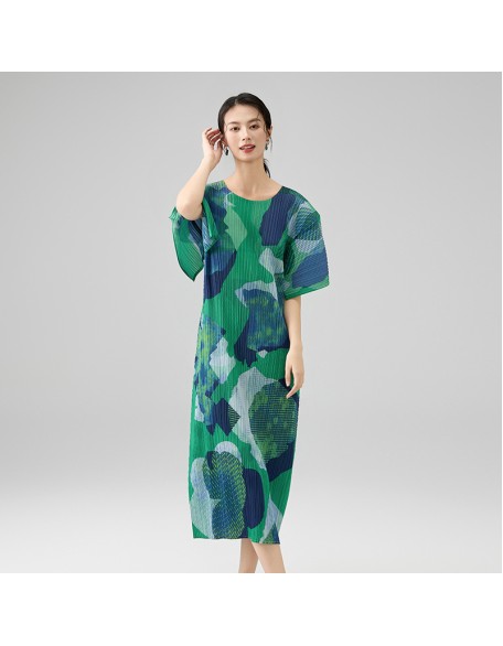 Geometric print five-quarter sleeve round neck loose fashion temperament pleated dresses