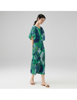 Geometric print five-quarter sleeve round neck loose fashion temperament pleated dresses