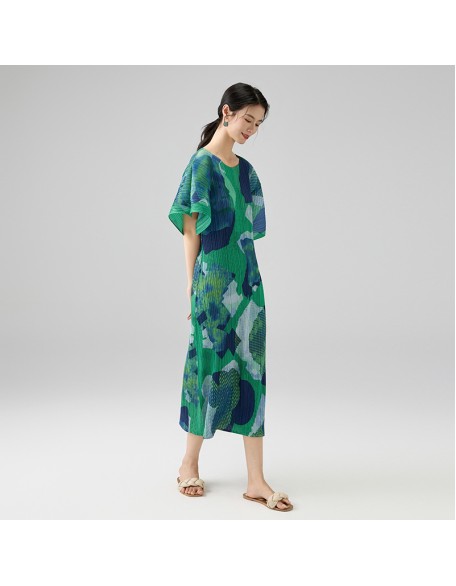 Geometric print five-quarter sleeve round neck loose fashion temperament pleated dresses