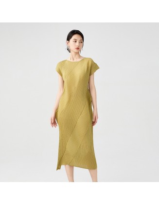 Pleated Dress Irregular Casual Style Solid Colour Slim Round Neck Short Sleeve Folded Midi Length Skirt