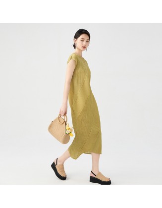 Pleated Dress Irregular Casual Style Solid Colour Slim Round Neck Short Sleeve Folded Midi Length Skirt