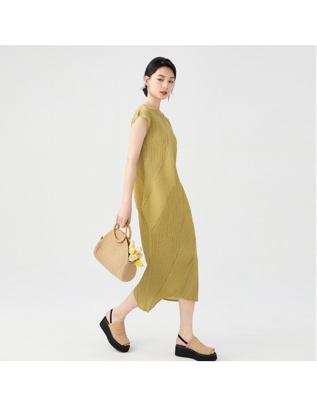 Pleated Dress Irregular Casual Style Solid Colour Slim Round Neck Short Sleeve Folded Midi Length Skirt