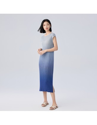 Pleated clothes gradient colour dress premium sense of hundred Slim thin a-line dress female