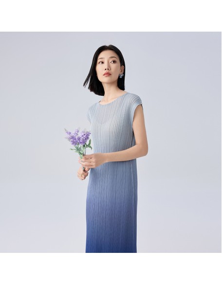 Pleated clothes gradient colour dress premium sense of hundred Slim thin a-line dress female