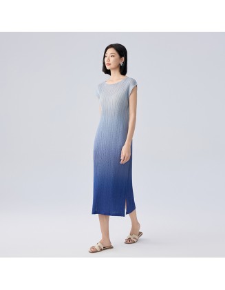 Pleated clothes gradient colour dress premium sense of hundred Slim thin a-line dress female