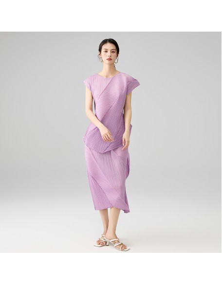 Pleated Irregular Set Temperament Round Neck Sleeveless T-Shirt Twill Solid Colour Half-body Skirt