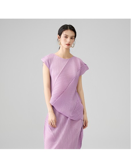 Pleated Irregular Set Temperament Round Neck Sleeveless T-Shirt Twill Solid Colour Half-body Skirt