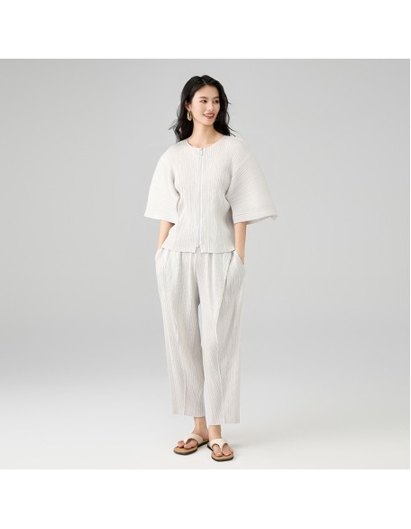 Fashion Set Solid Colour Round Neck Zip Mid Sleeve Tee Loose Casual Draped Trousers