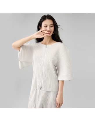 Fashion Set Solid Colour Round Neck Zip Mid Sleeve Tee Loose Casual Draped Trousers