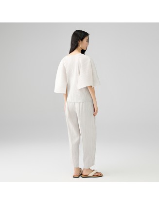 Fashion Set Solid Colour Round Neck Zip Mid Sleeve Tee Loose Casual Draped Trousers