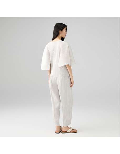 Fashion Set Solid Colour Round Neck Zip Mid Sleeve Tee Loose Casual Draped Trousers