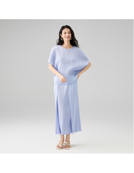 Fashion Pleated Set Loose Slim Bat Sleeve Top Design Patchwork Pocket Half Skirt