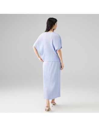 Fashion Pleated Set Loose Slim Bat Sleeve Top Design Patchwork Pocket Half Skirt