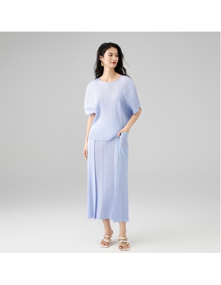 Fashion Pleated Set Loose Slim Bat Sleeve Top Design Patchwork Pocket Half Skirt