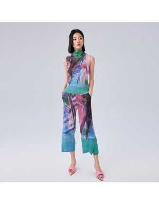 Ink Painting Printed Set Pleated Sleeveless Top Slim Slim Straight Pants Fashion Two Piece Set