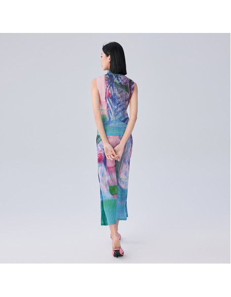 Ink Painting Printed Set Pleated Sleeveless Top Slim Slim Straight Pants Fashion Two Piece Set