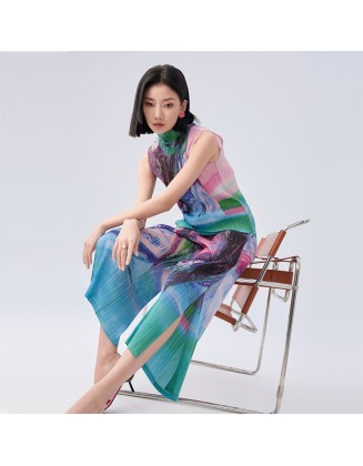 Ink Painting Printed Set Pleated Sleeveless Top Slim Slim Straight Pants Fashion Two Piece Set