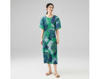 Geometric print five-quarter sleeve round neck loose fashion temperament pleated dresses