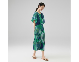 Geometric print five-quarter sleeve round neck loose fashion temperament pleated dresses