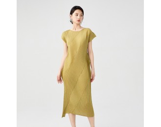 Pleated Dress Irregular Casual Style Solid Colour Slim Round Neck Short Sleeve Folded Midi Length Skirt