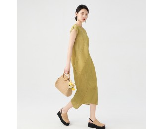 Pleated Dress Irregular Casual Style Solid Colour Slim Round Neck Short Sleeve Folded Midi Length Skirt